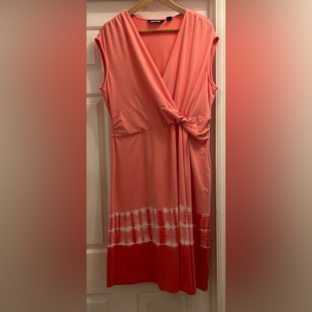 Lands End women’s twist wrap fit flare pink tye dye sleeveless dress size XL